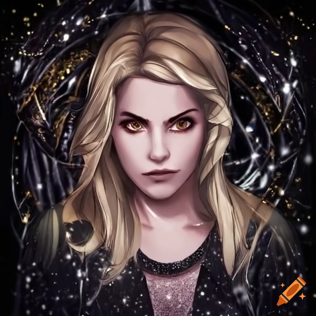 Rosalie hale from twilight saga with gold eyes and glitter, in front of
