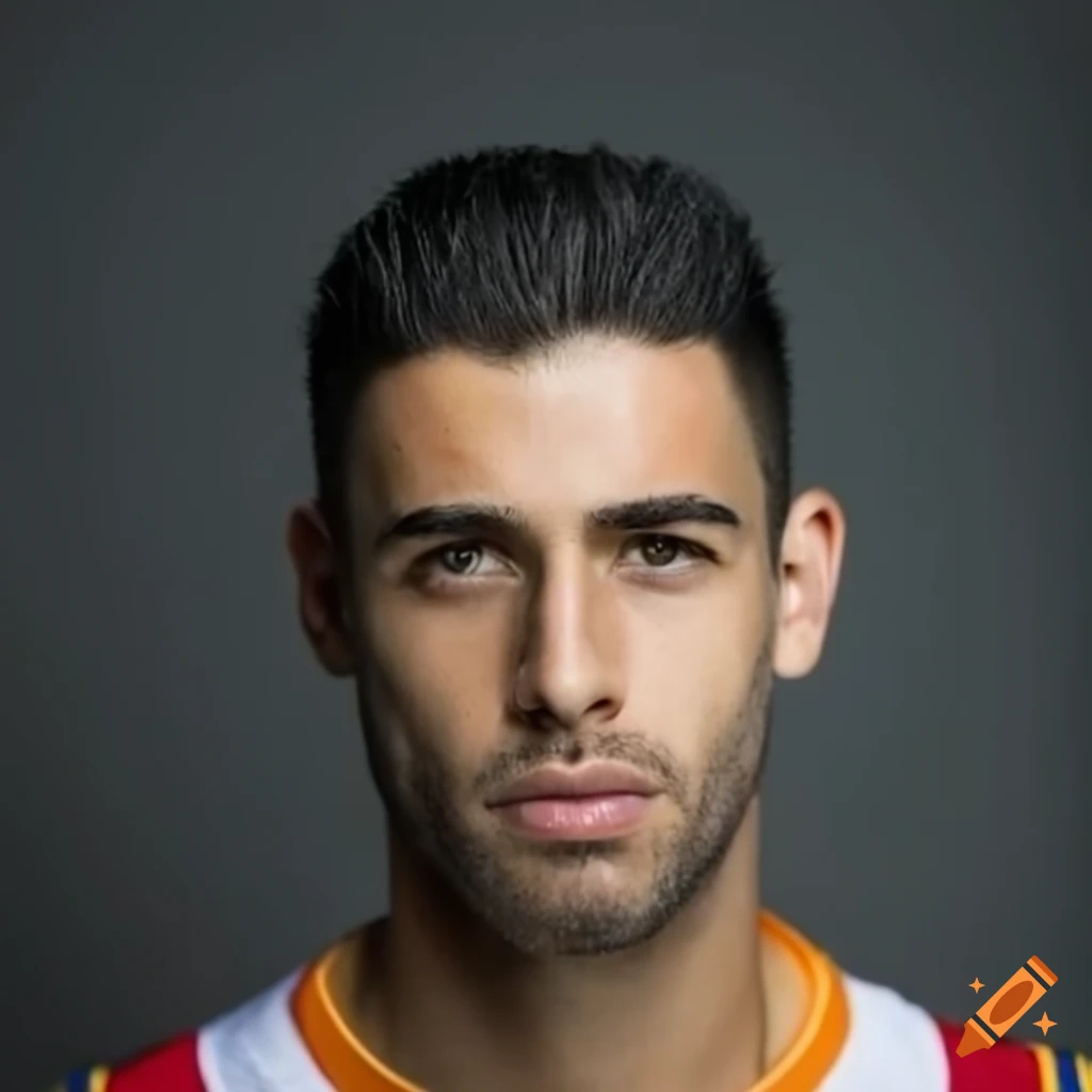 Spanish footballer with black hair and stubble in headshot on Craiyon