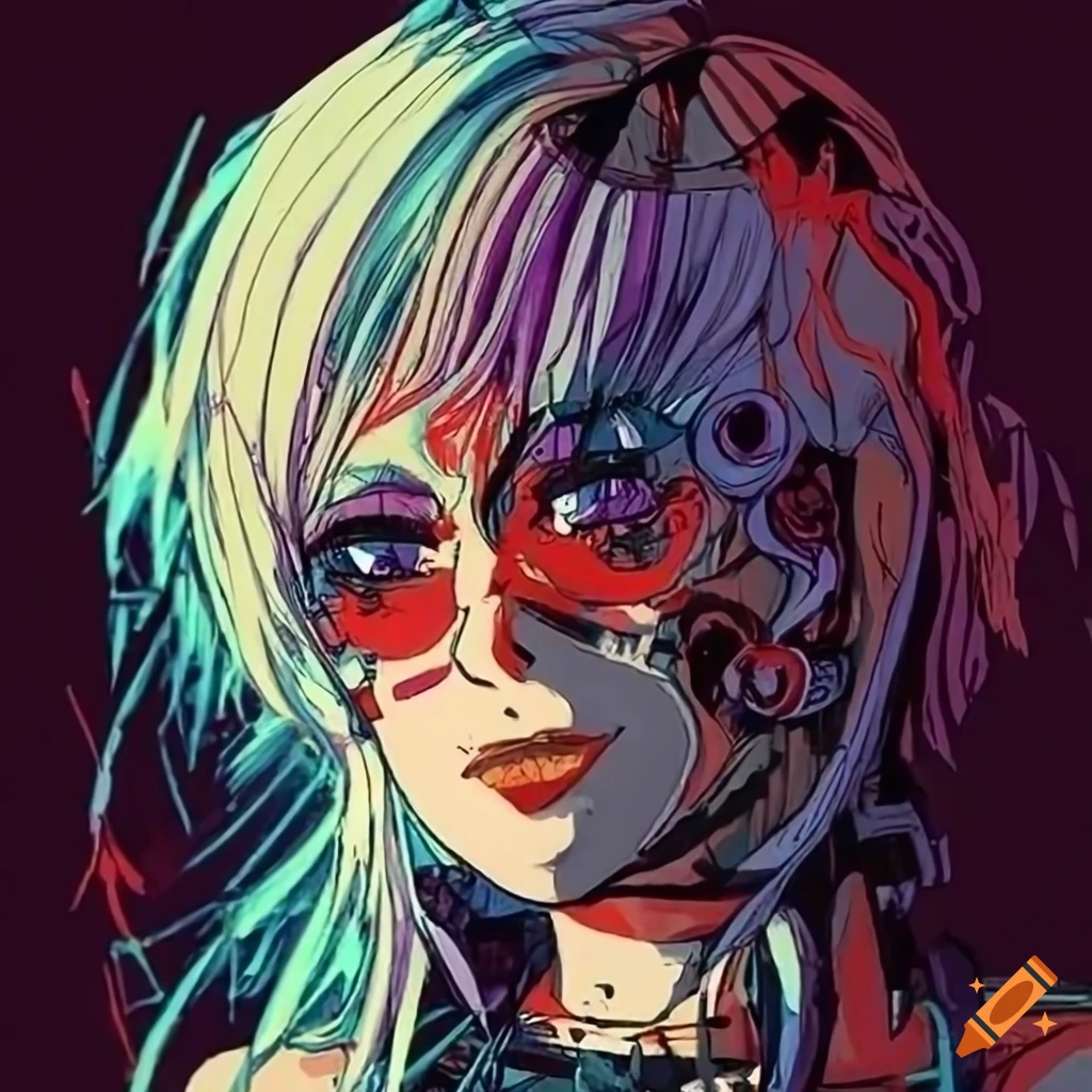 Gritty 80s-anime style artwork of cyborg character Amelia Shinjo