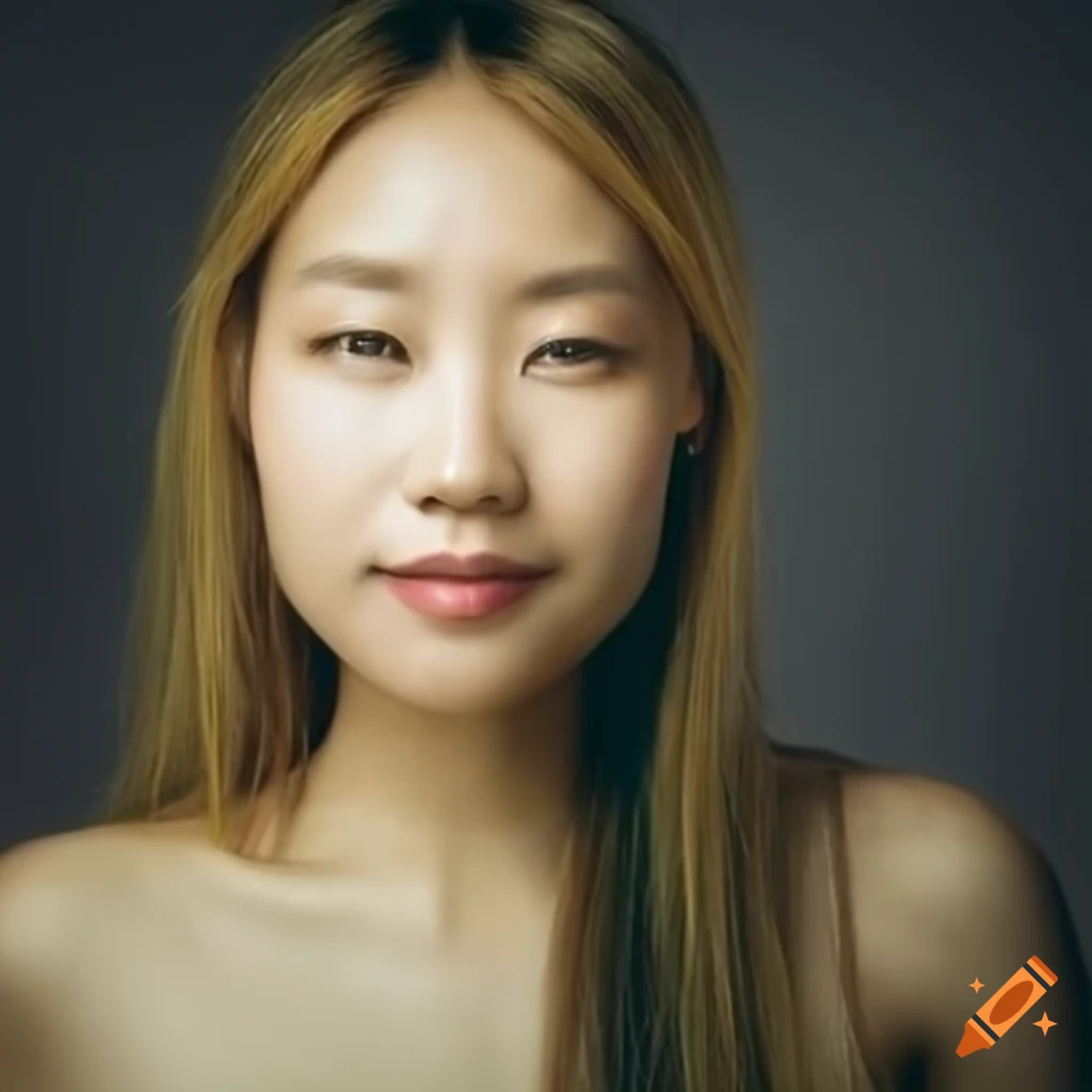 Beautiful asian woman with green eyes and blonde hair smiling on Craiyon