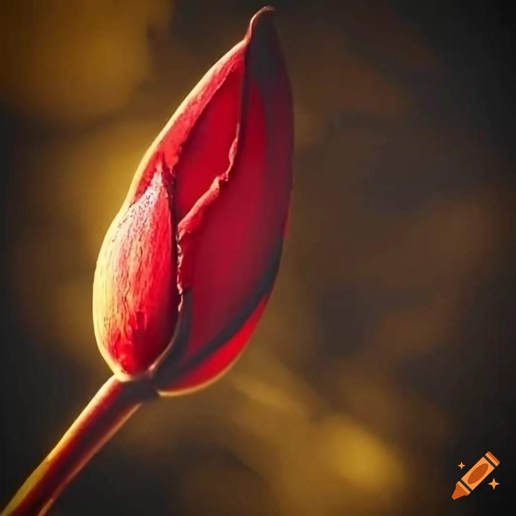 Mysterious red flower bud with long stem and golden leaves in rococo painting style