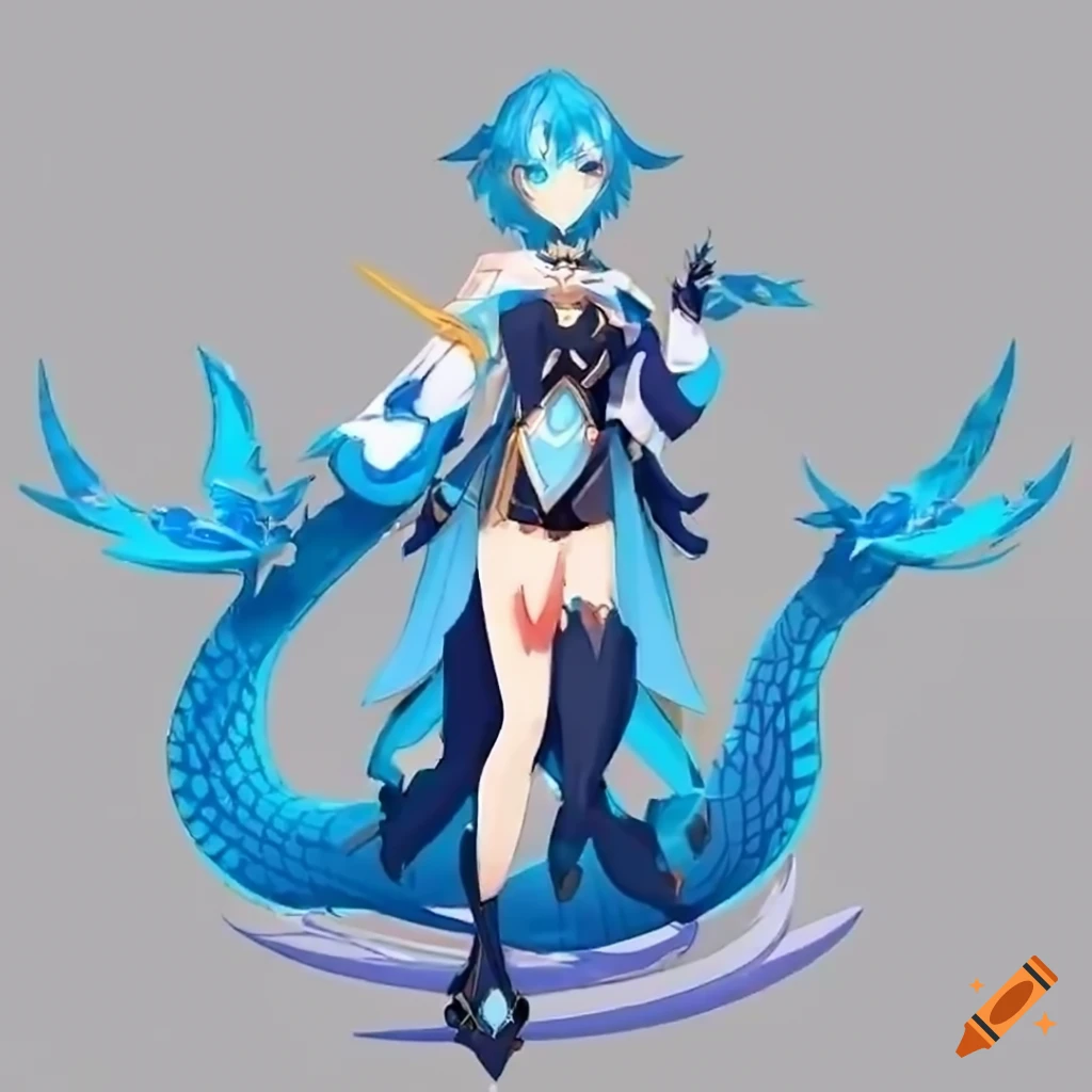 Character design reference of a white and blue dragon girl from Genshin Impact