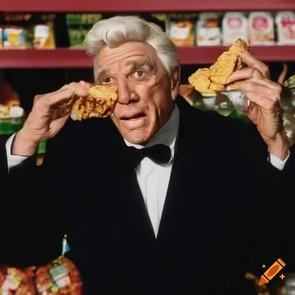 Leslie nielsen enjoying a crunchy snack in a supermarket on Craiyon