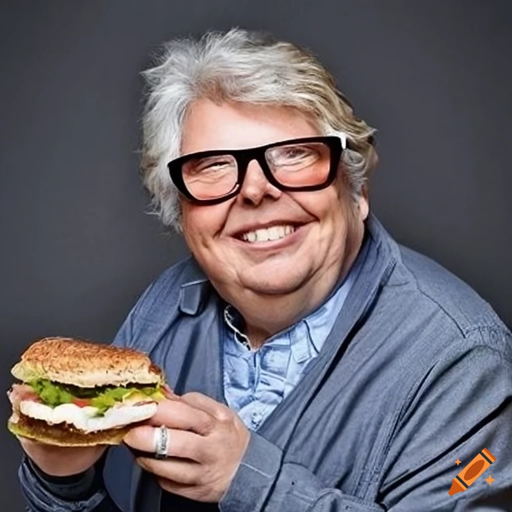 Nick Ferrari posing with a sandwich and stylish glasses