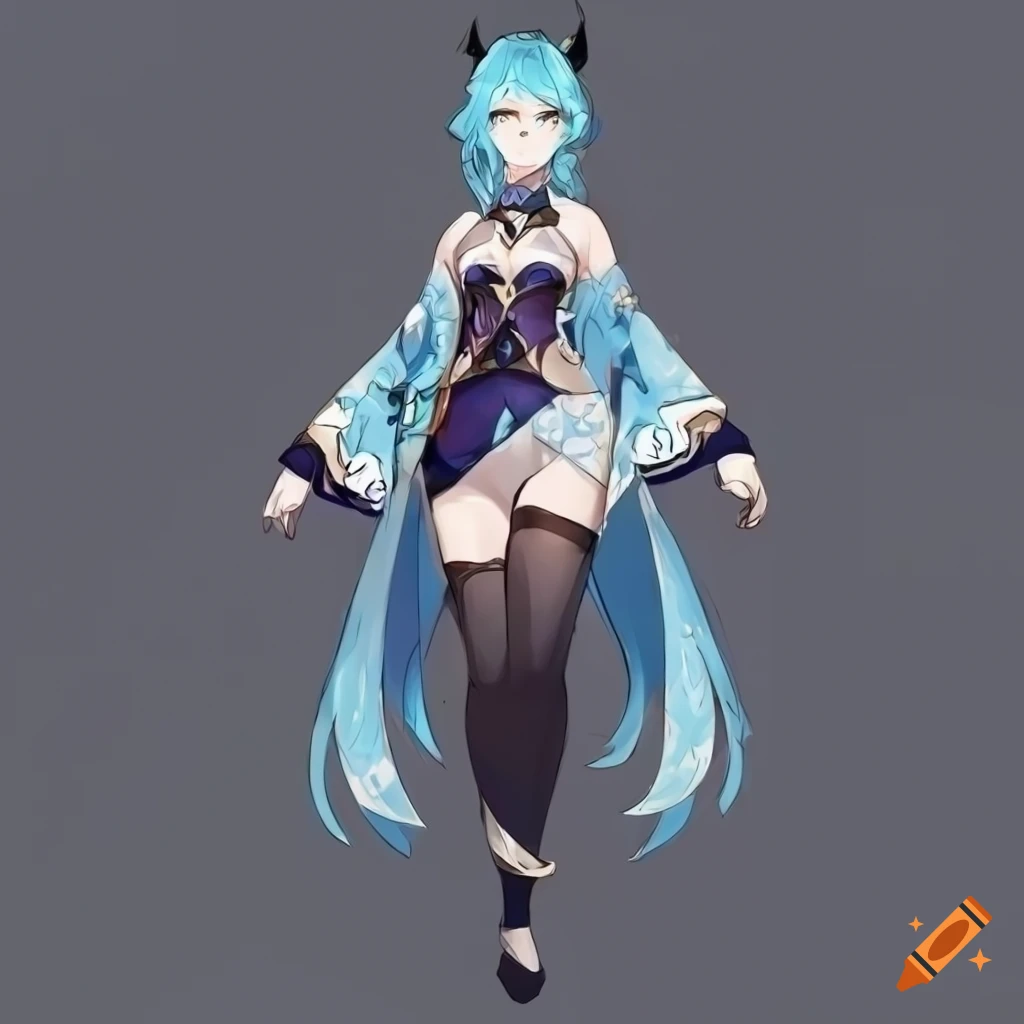 Detailed concept art character sheet of a blue-haired dragon girl in Mondstadt style clothing
