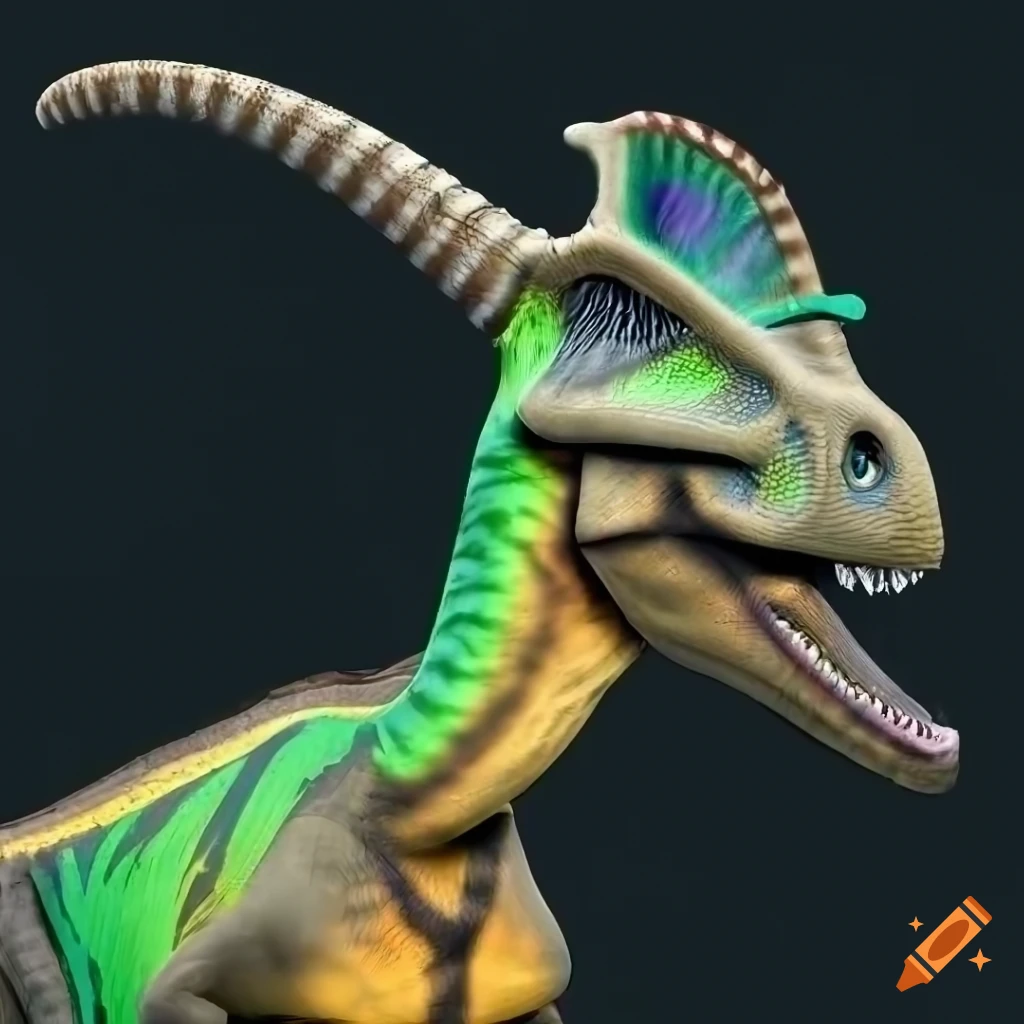 Duckbilled hadrosaur dinosaur with lizard-like color pattern and elephant-like skin texture in sunny morning light