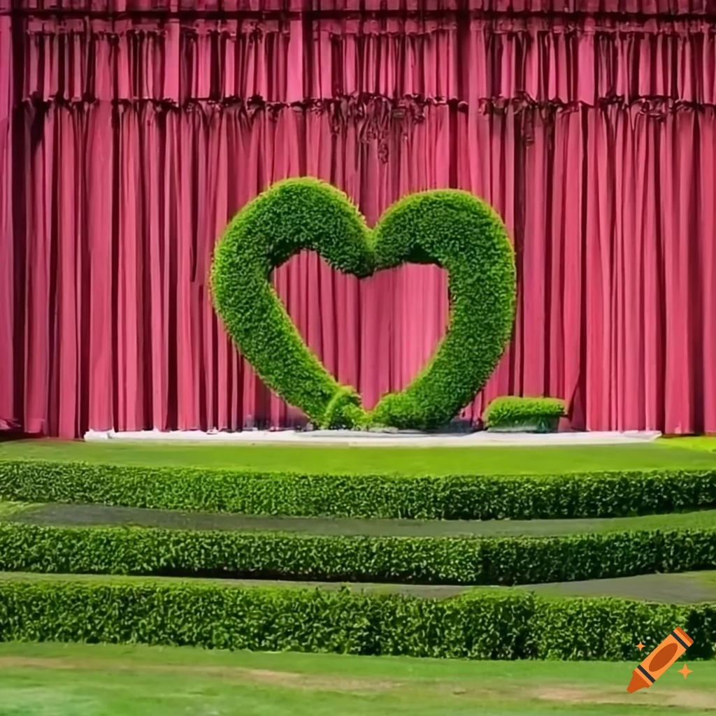 Opera stage with garden scene featuring heart-shaped topiary bushes on