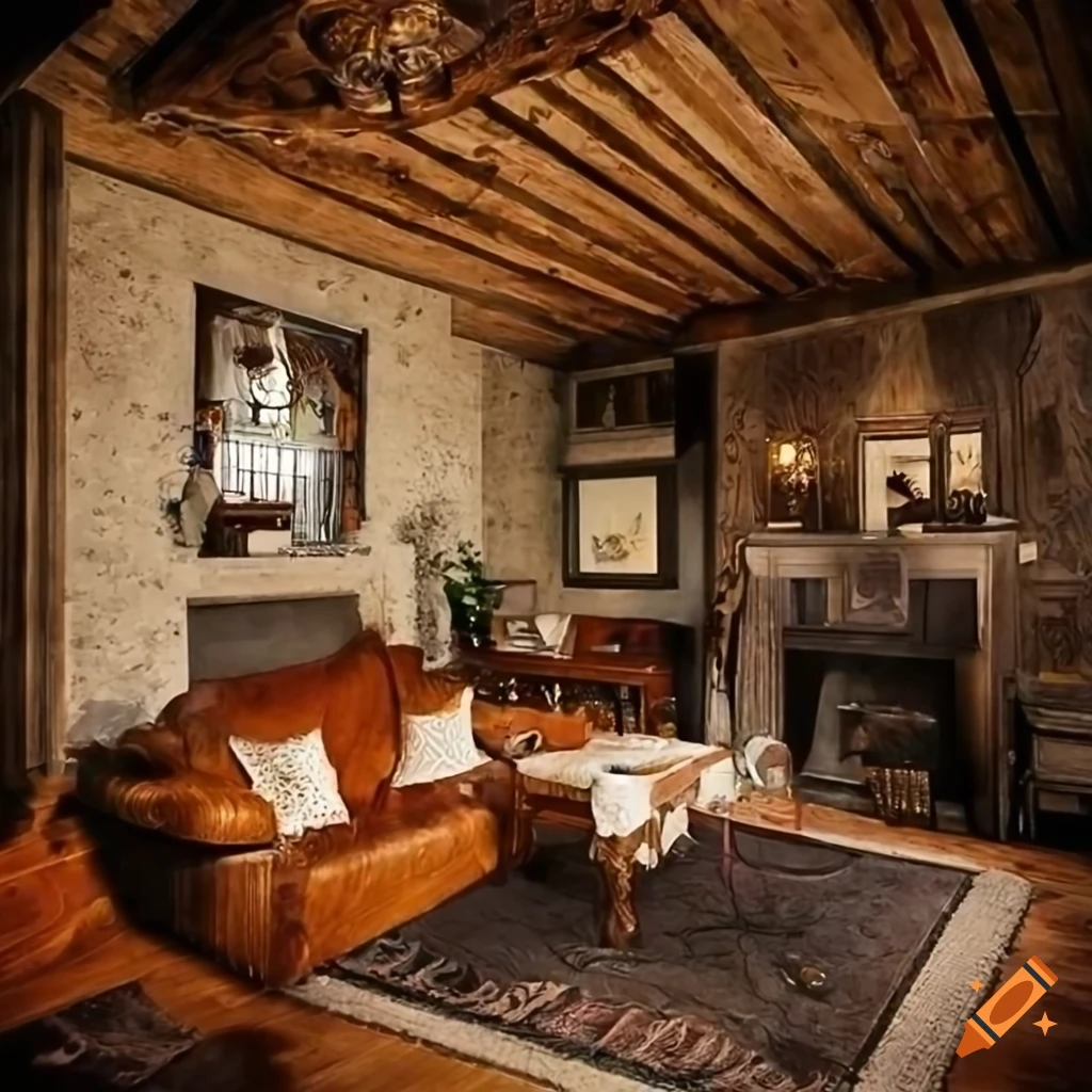 Ultra realistic living room in modern irish or english pub style with wood, candle, and english ...