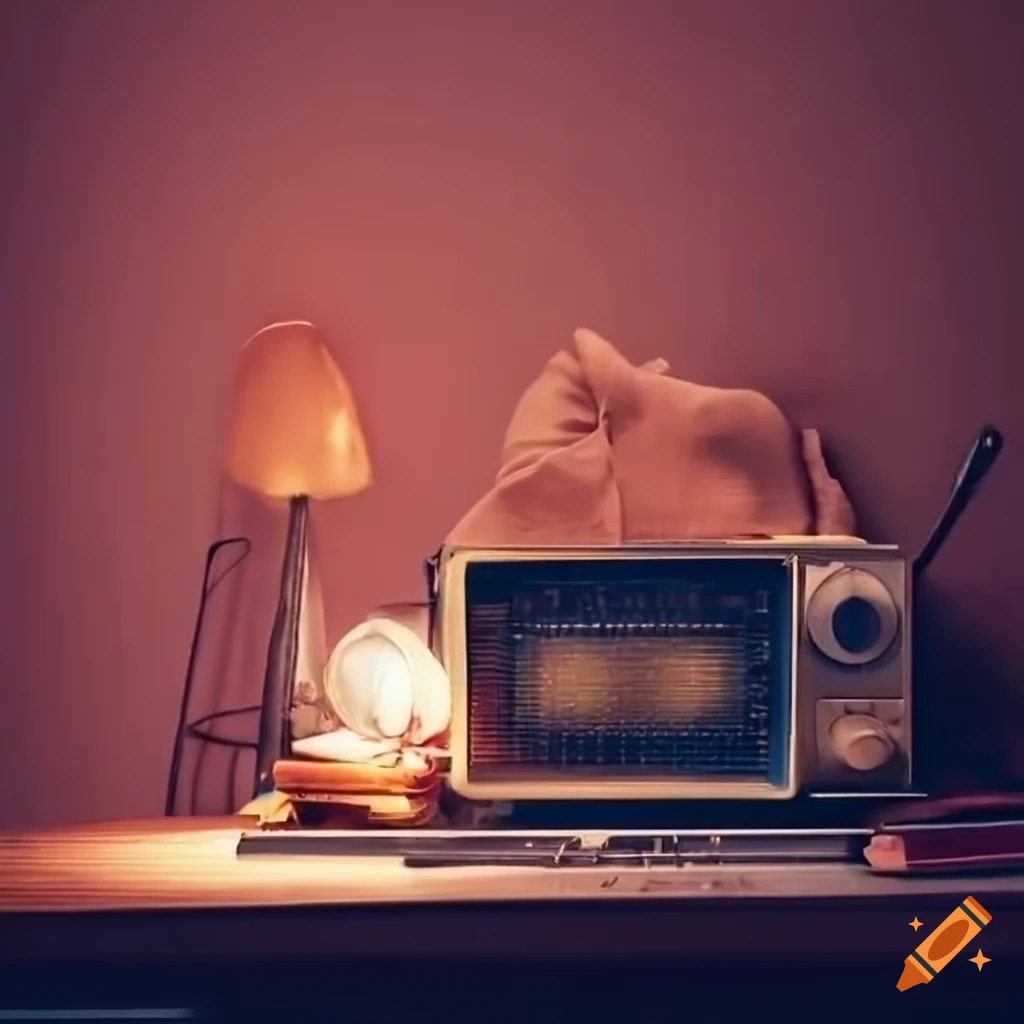 Cozy morning with vintage radio, textbooks, and desks