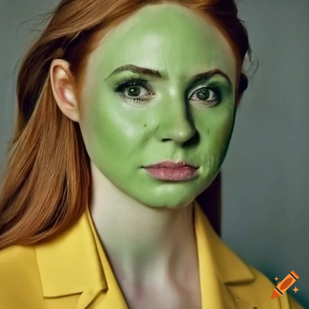 Actor karen gillan with green face paint and yellow suit on Craiyon