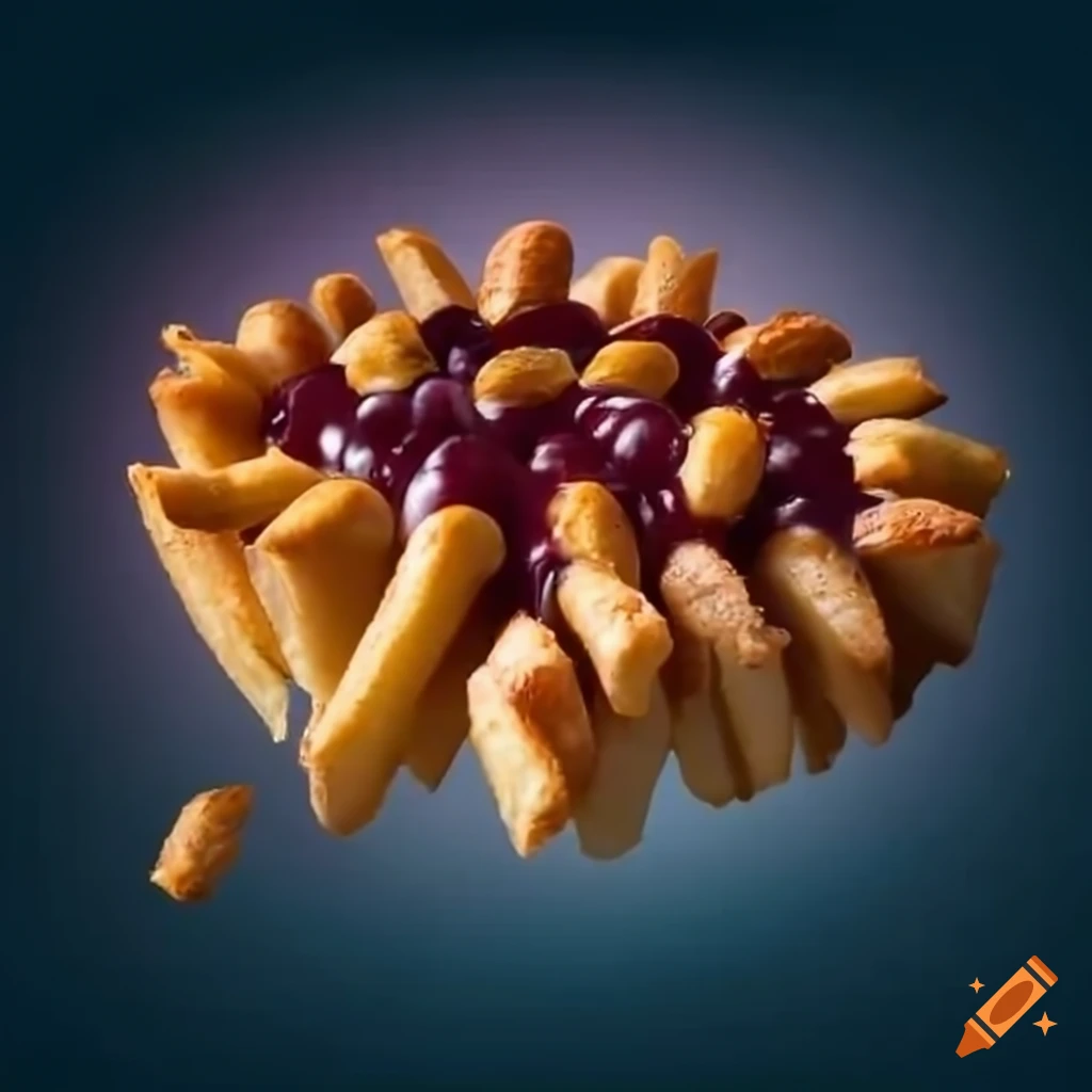 Army of french fries in a peanut butter ocean with acid grape jelly