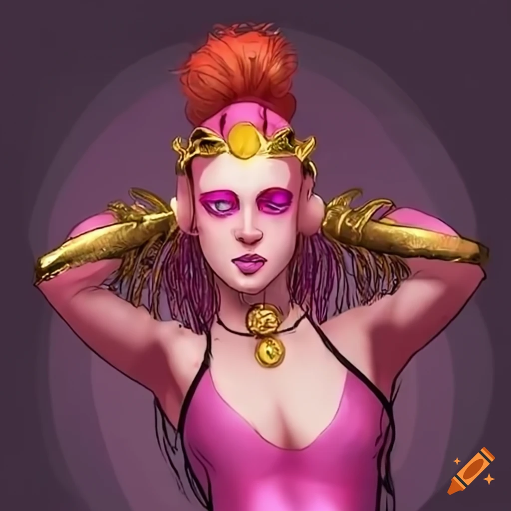 Arina goddess of power with pink eyes and red hair in a dark pink athletic leotard and gold rings