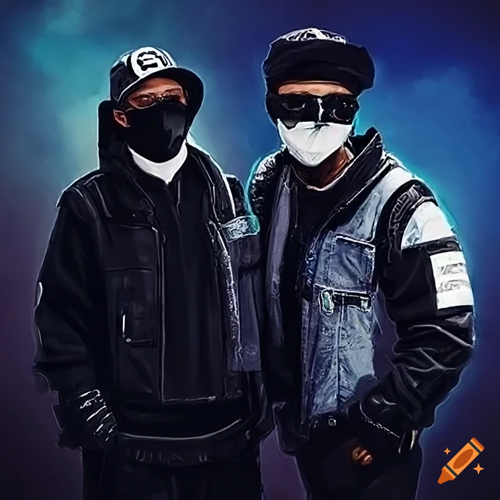 Highly detailed urban illustration of a hip-hop group of masked detectives, inspired by Greg Rutkowski's style