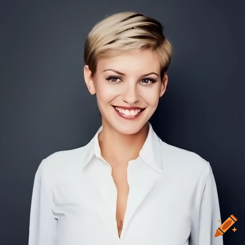 Woman with short hair wearing a white button-up shirt and smiling
