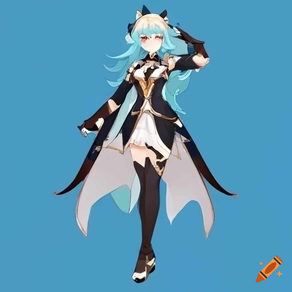 Concept art character sheet of a female with blue hair and mondstadt style clothing