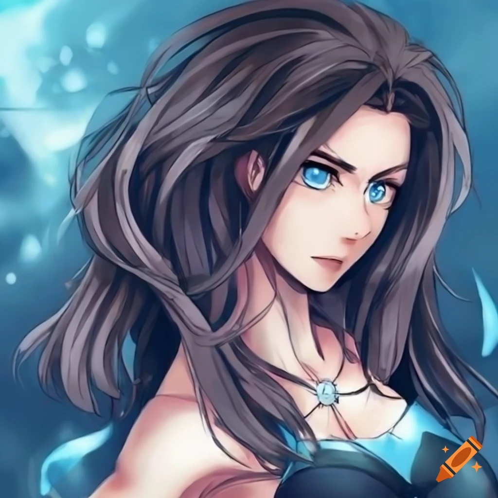 Empowered anime woman with toned muscles and wavy long brown hair
