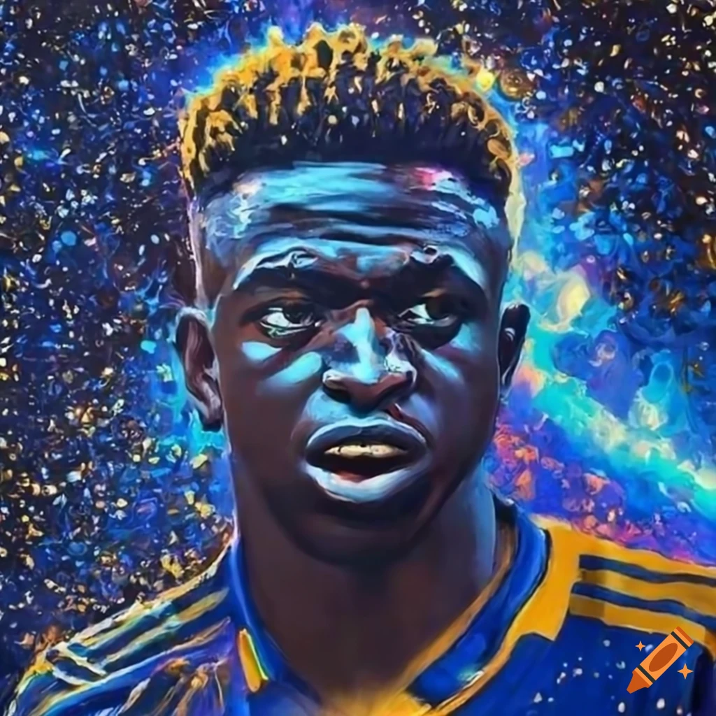 Intricate otherworldly painting of Vinicius in gold and white aura on a cosmic backdrop