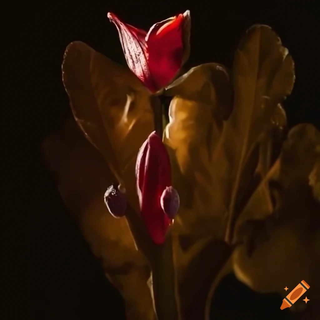 Mysterious red flower bud with long stem and golden leaves in rococo painting style