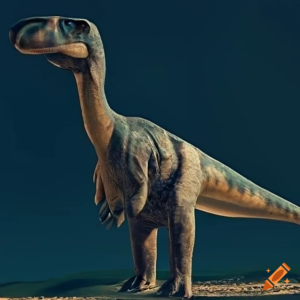 Duckbilled hadrosaur dinosaur with civet color pattern and detailed elephant-like skin texture in warm morning light