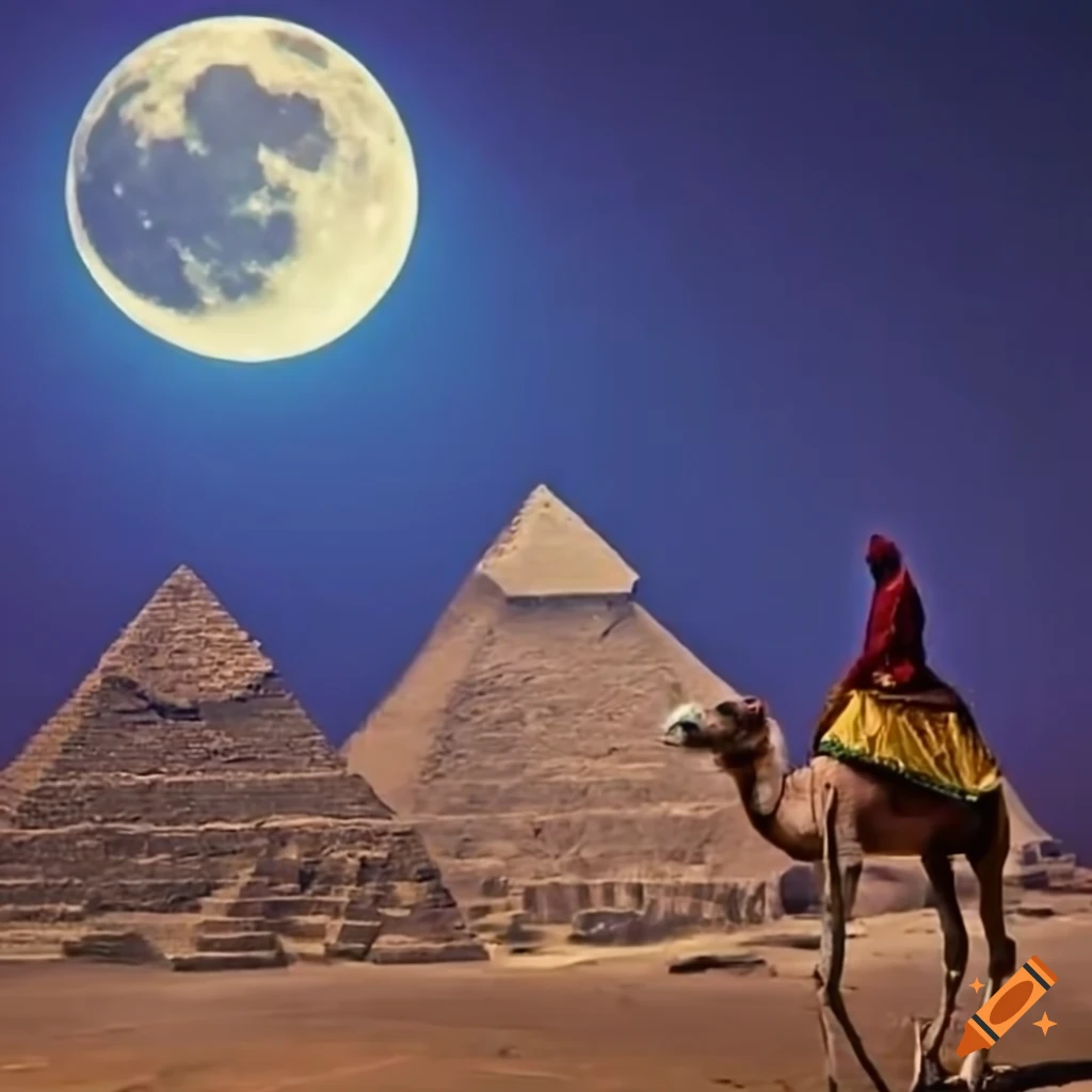 Woman riding a camel under a full moon at the pyramids