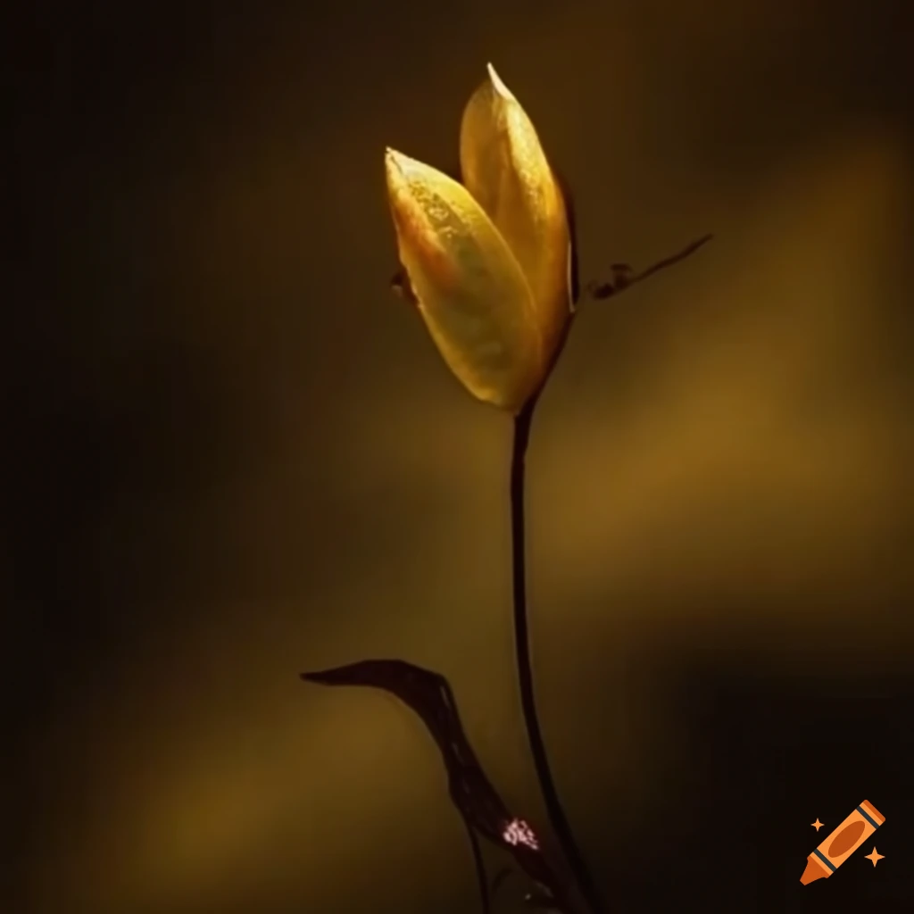 Mysterious flower bud with flowing backlit golden leaves in a Rococo painting style