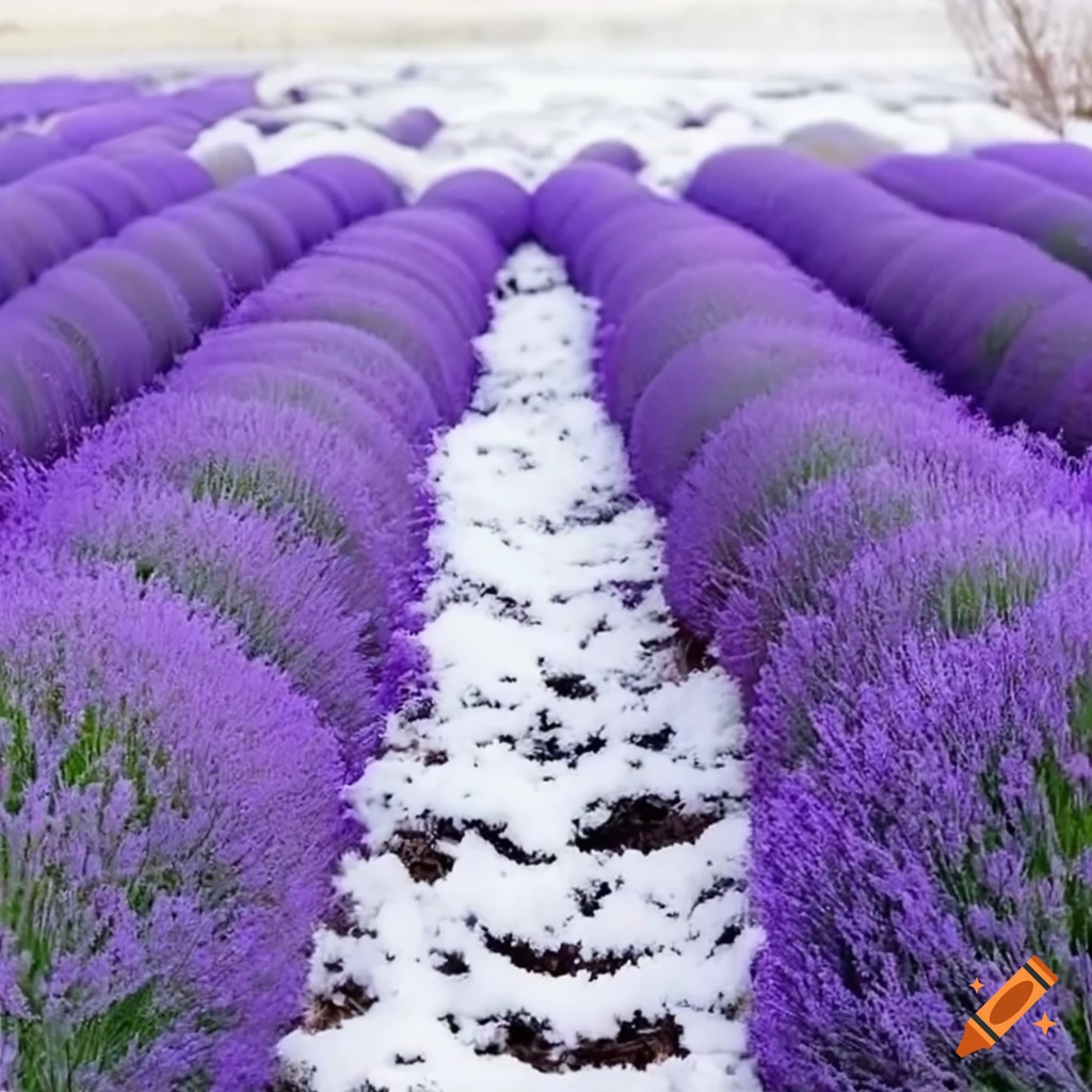 Lavender field covered in frost and snow during winter on Craiyon