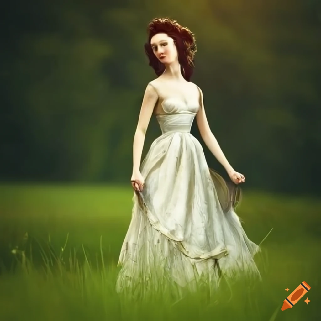 Classical style lady walking through a meadow