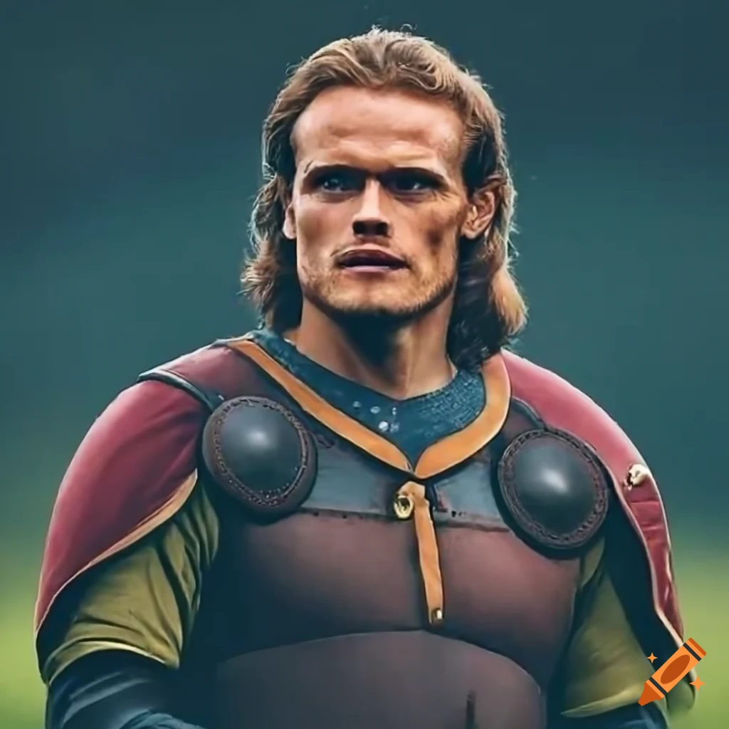 Sam Heughan in Norse viking armor with shield in a D&D Fighter style