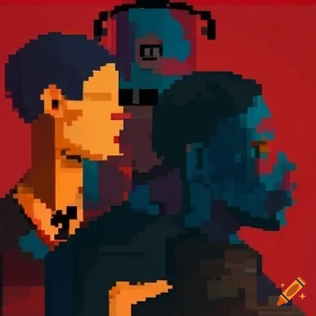 Pixelated silhouette surrealist painting of a group of three people in ...
