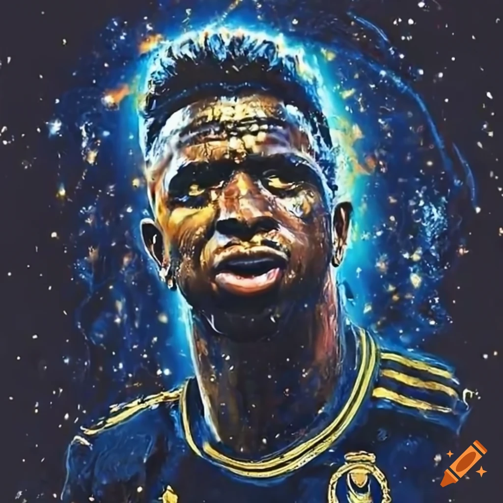 Intricate otherworldly painting of Vinicius in gold and white aura on a cosmic backdrop