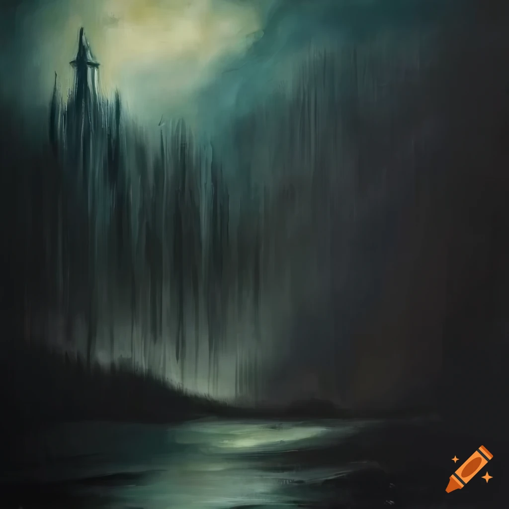 Eerie occult oil painting of a haunted landscape