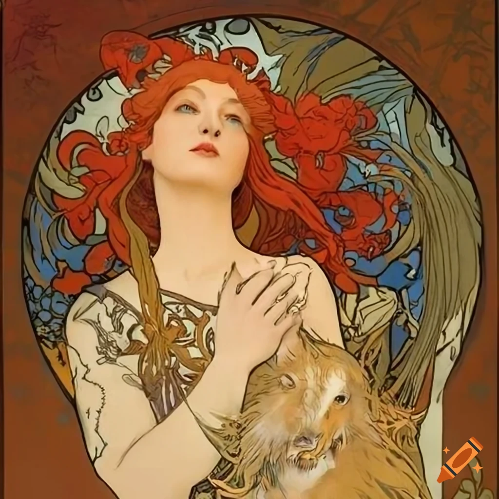 Woman with a Caucasian wolf in the style of Alphonse Mucha