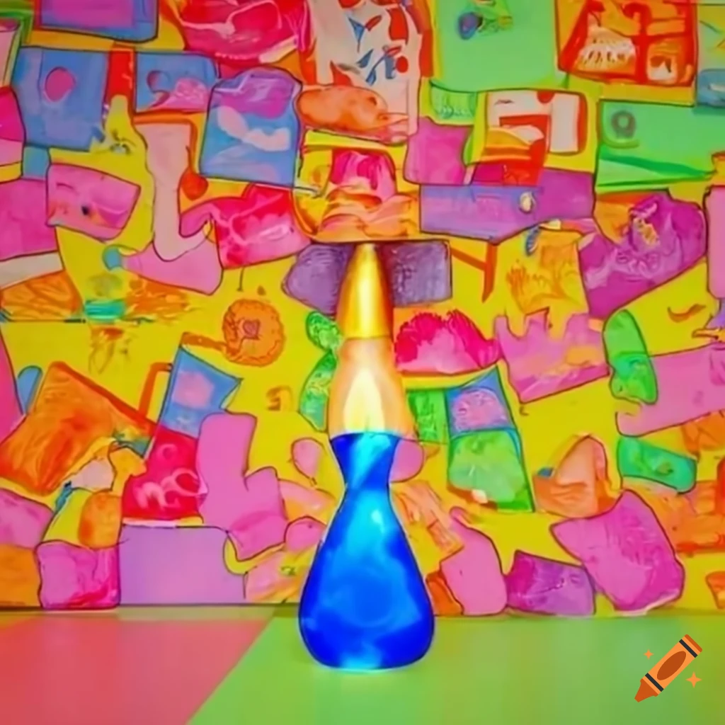 Colorful room with 90s pop culture nostalgia, lava lamp, and rainbow