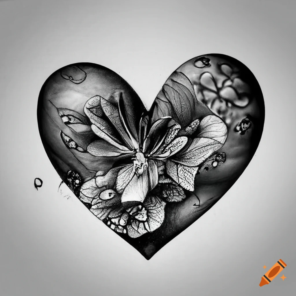 Black and white fine line butterfly heart tattoo idea on Craiyon