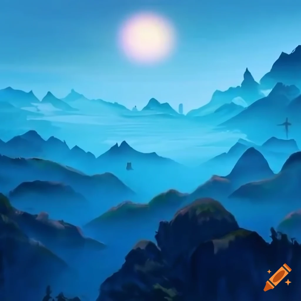 Mystical xianxia world with towering misty mountains under a bright