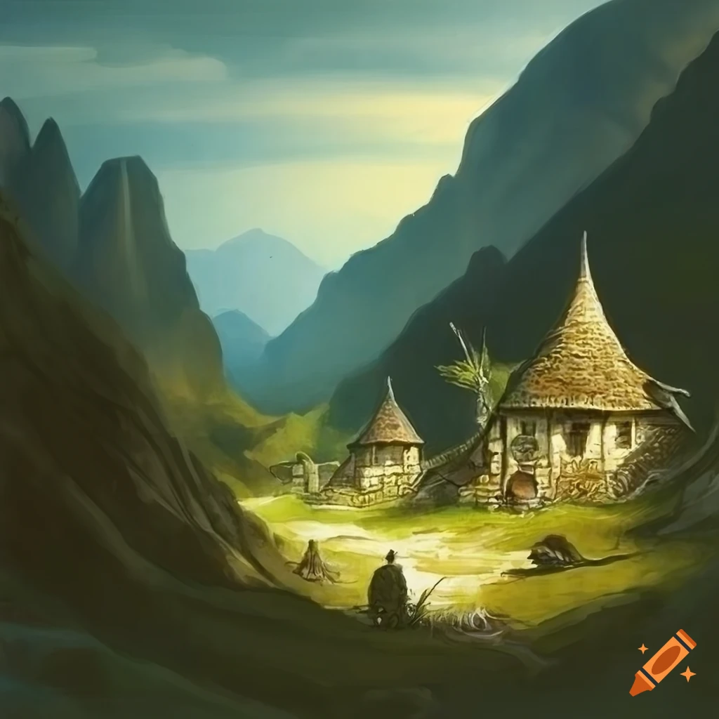 Small elven village nestled between mountains in a fantasy art painting ...
