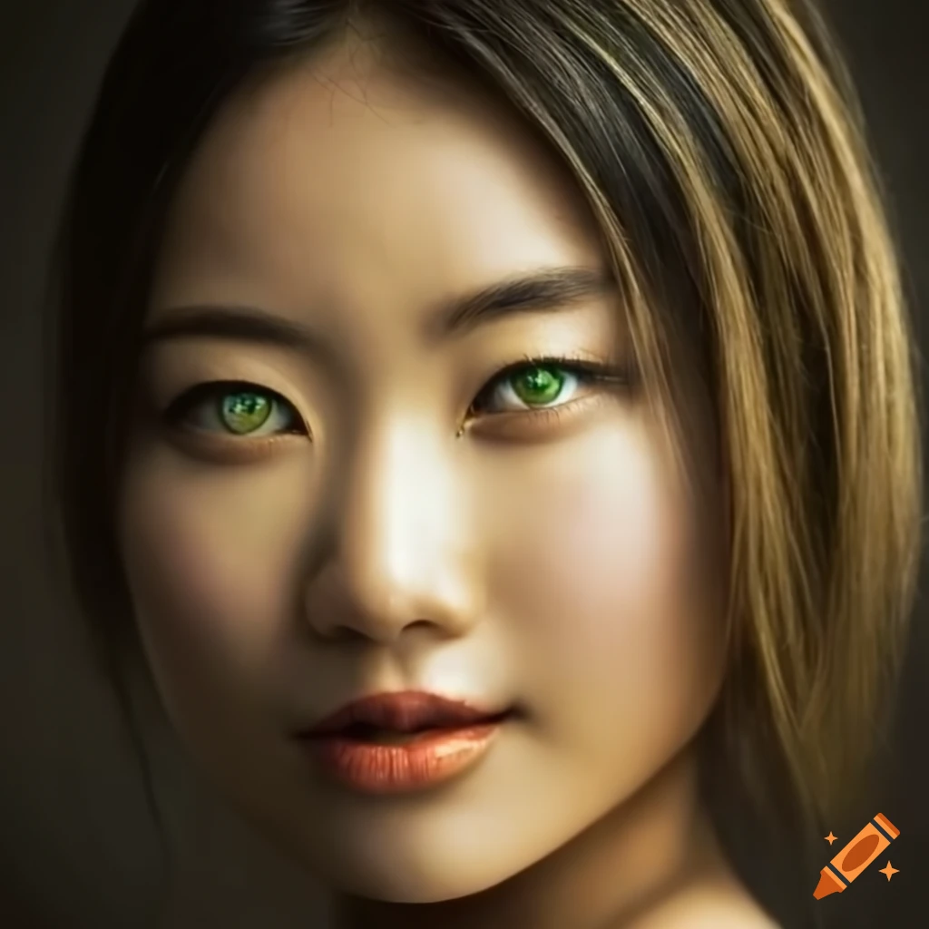 Smiling asian woman with green eyes and blonde hair on Craiyon