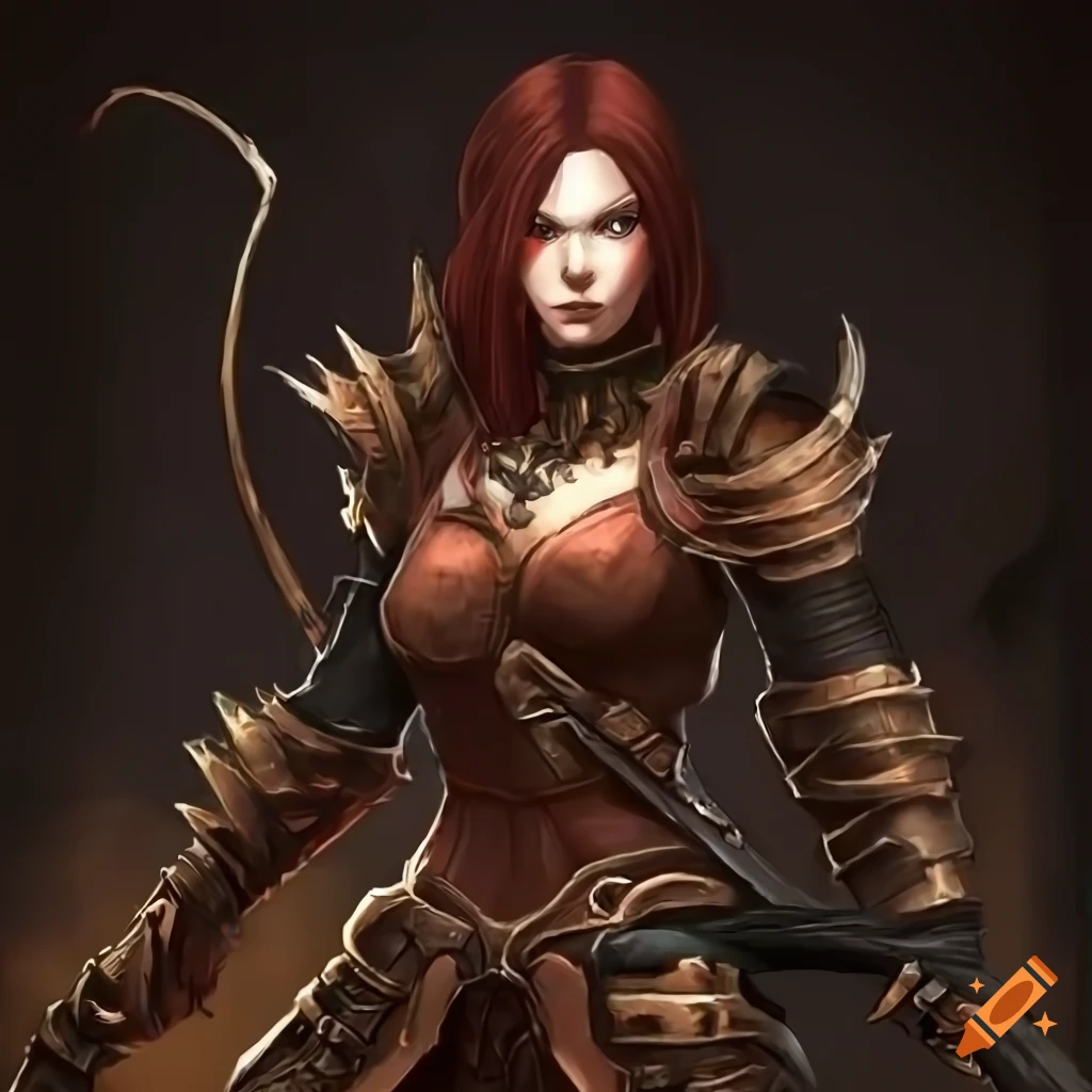 Mysterious black-haired rogue character in brown leather armor with a longbow