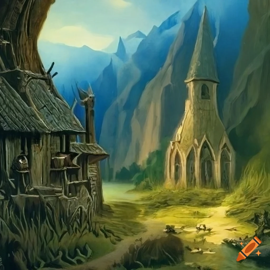 Small elven village nestled between mountains in a fantasy art painting ...