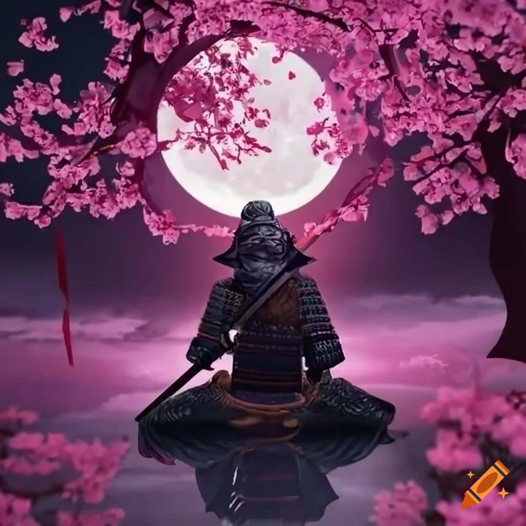 Lone samurai sitting under a cherry blossom tree with sword in a ...