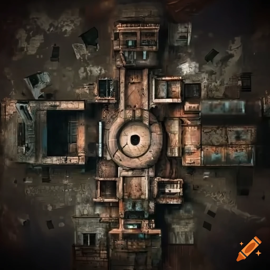Top down view of a futuristic post-apocalyptic underground nuclear bunker