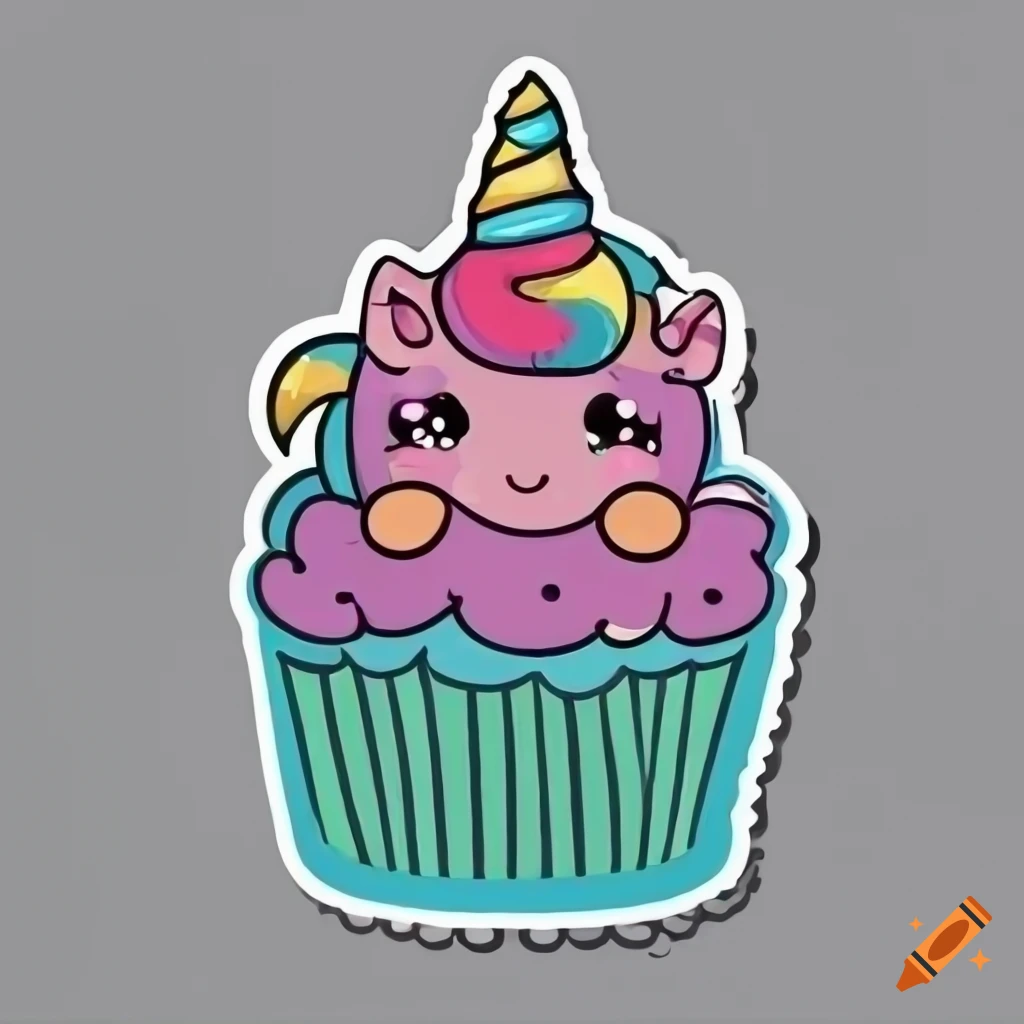 Kawaii-styled happy unicorn face cupcake with vivid colors on white background