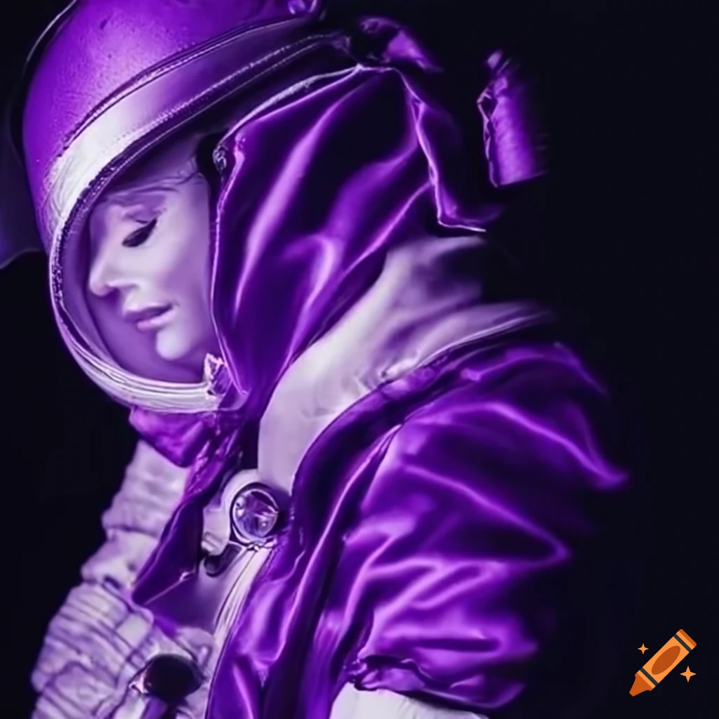 Woman astronaut in a purple satin spacesuit