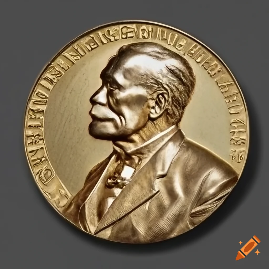 Nobel Prize medal with portrait of Alfred Nobel and full-body standing figure, hammered on gold metal