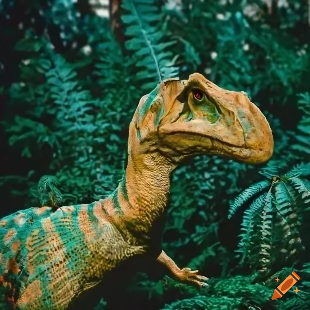Duckbilled hadrosaur dinosaur with lizard-like color pattern and elephant-like skin texture in sunny morning light
