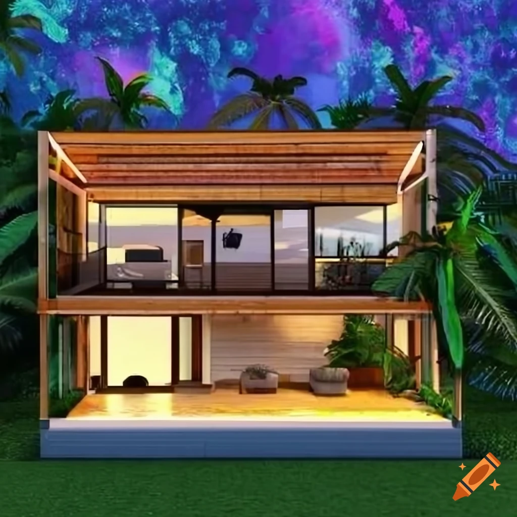 3D render of spacious tropical modern house with lush garden and wooden deck