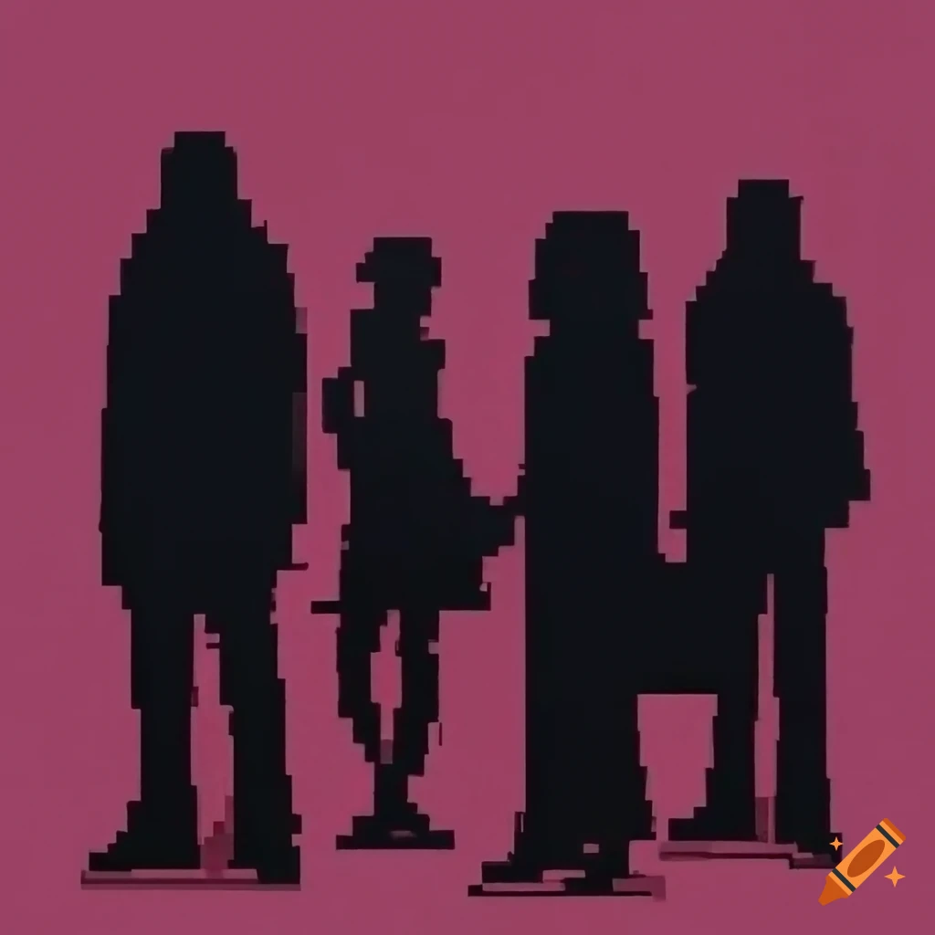 Pixelated silhouette painting of a group of three people in a fantasy ...