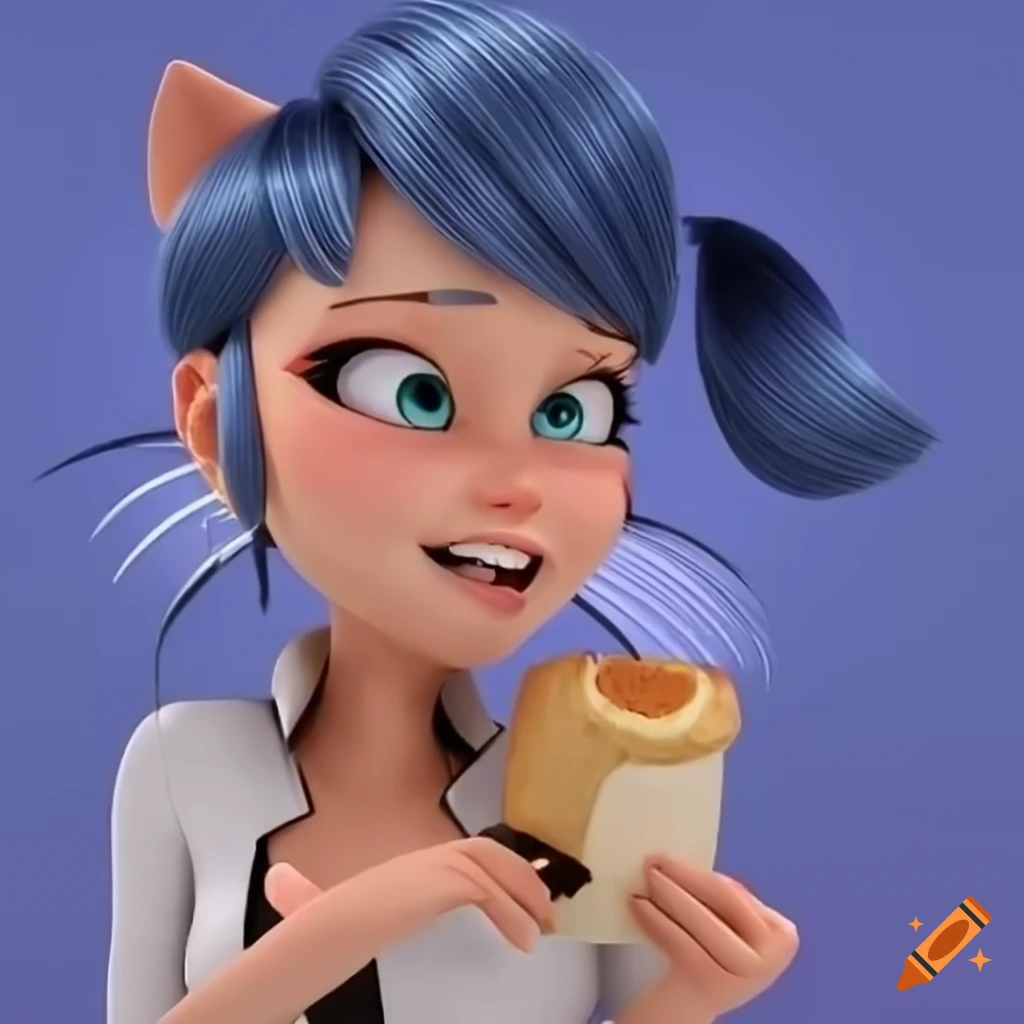 Marinette from Miraculous as a cat eating a baguette