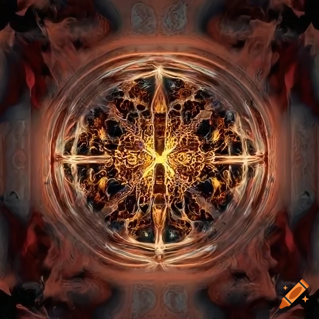 Gold cross with complex geometrical patterns on a dark red background