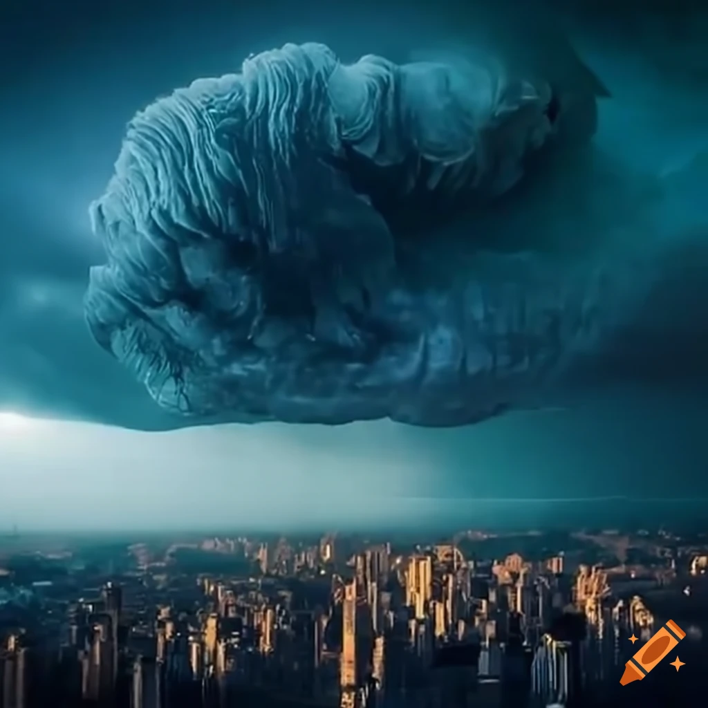 Giant turtle flying over stormclouds above a city